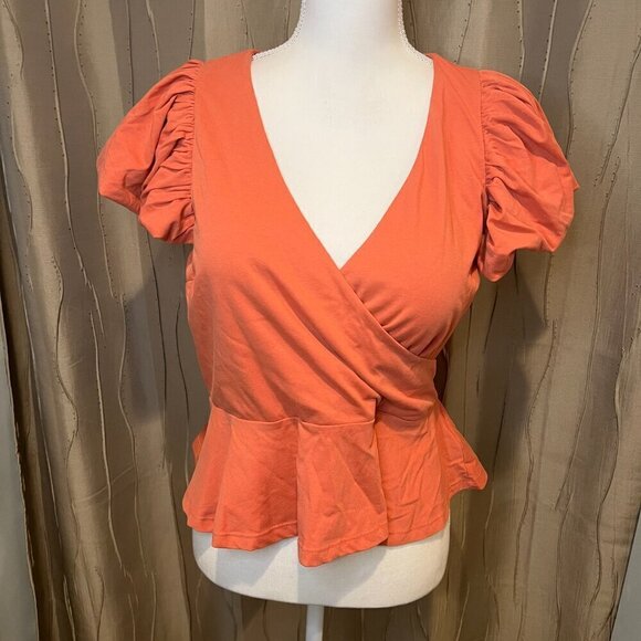 NWT Express Apricot Flutter sleeve faux wrap peplum top, Size Medium - Picture 4 of 13